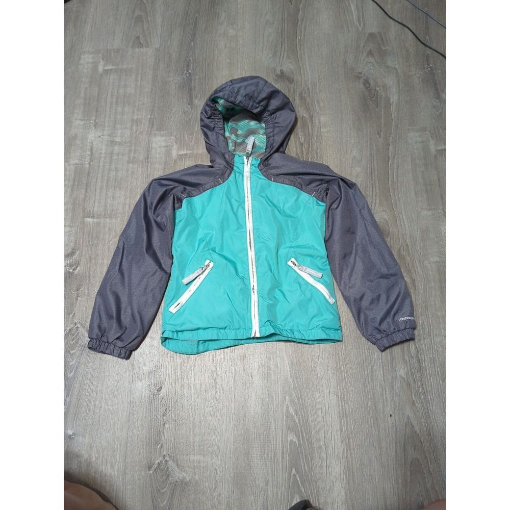 London Fog Childs 7/8 Hooded Lined Windbreaker Jacket Mint Green And Gray‎ 576